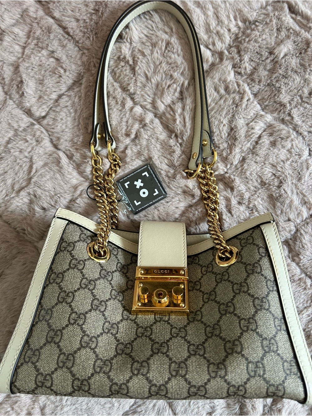 Gucci GG Supreme Padlock Canvas Tote with Ivory Leather Trim and Gold Hardware
